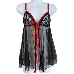 Vintage DBF Black Red Lace‎ Mesh Tie Front Adjustable Coquette Slip Lingerie